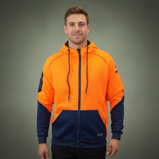 Coopers Hi-Vis Waterproof Work Jacket Full Zip - Blizzard Hood C701 (Orange Navy) – front view