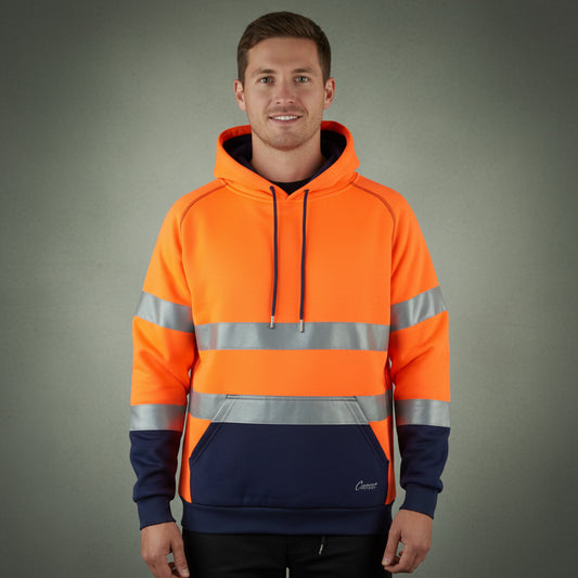 Coopers Hi-Vis Waterproof Work Jacket with 3M Tape - Blizzard Hood Pullover C601 (Orange/Navy) – front view