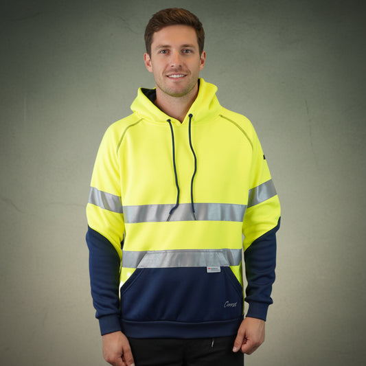 Coopers Hi-Vis Waterproof Work Jacket with 3M Tape - Blizzard Hood Pullover C601 (Yellow/Navy) – front view