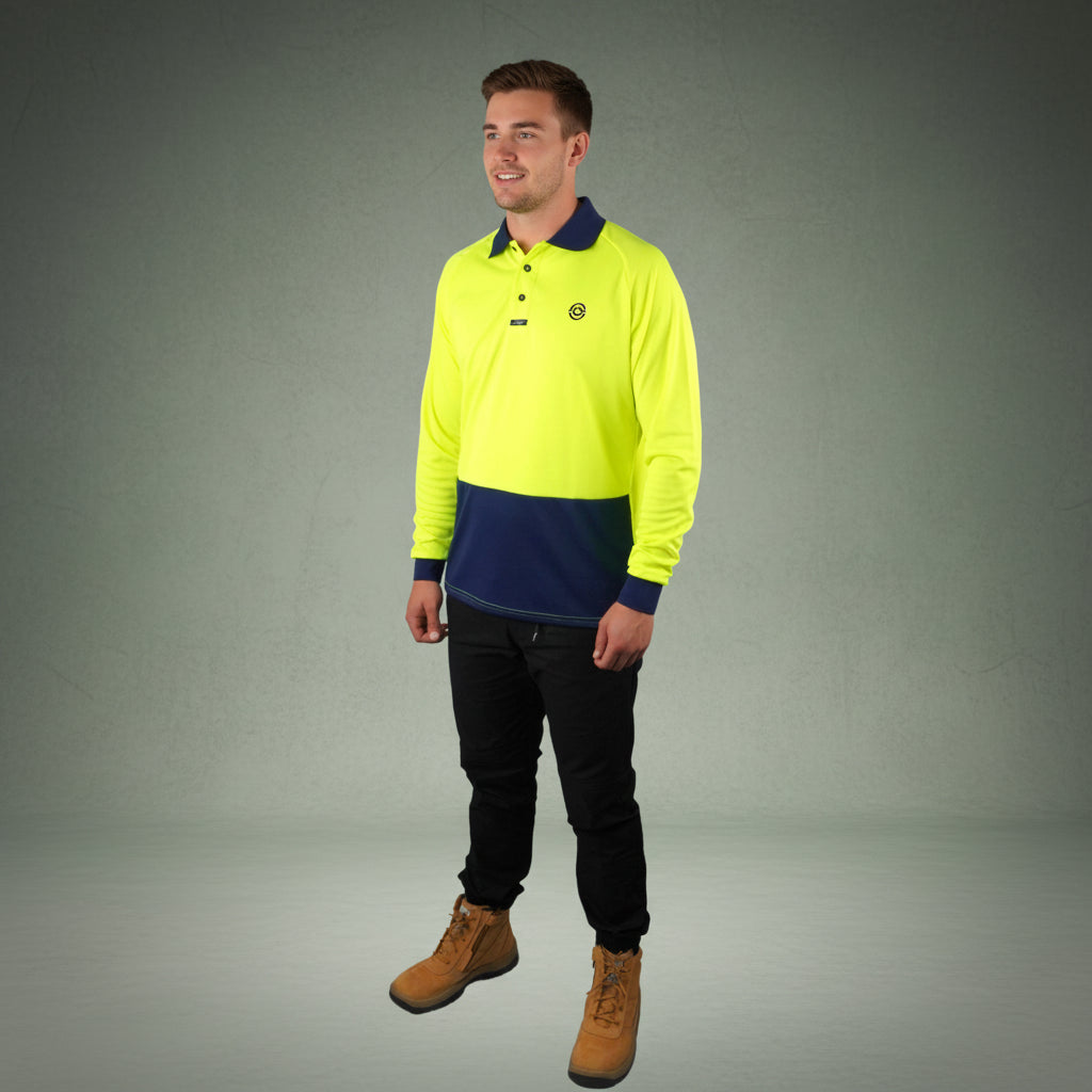 Coopers Hi-Vis Long Sleeve Work Polo - Coopers Elite C502 (Yellow/Navy) – front view