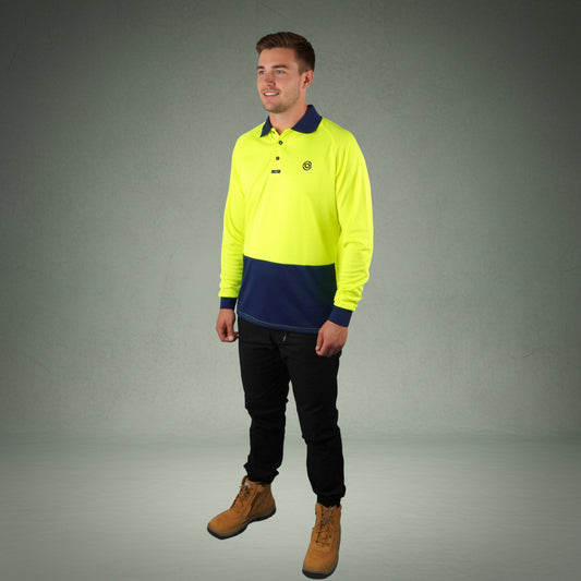Coopers Hi-Vis Long Sleeve Work Polo - Coopers Elite C502 (Yellow/Navy) – front view