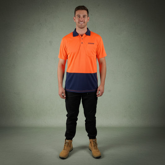 Coopers Hi-Vis Short Sleeve Work Polo - Coopers Elite C501 (Orange/Navy) – front view